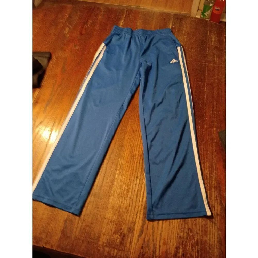 Boys Medium 10/12 Adidas Blue White Striped Athletic Pull On Pants w Pockets